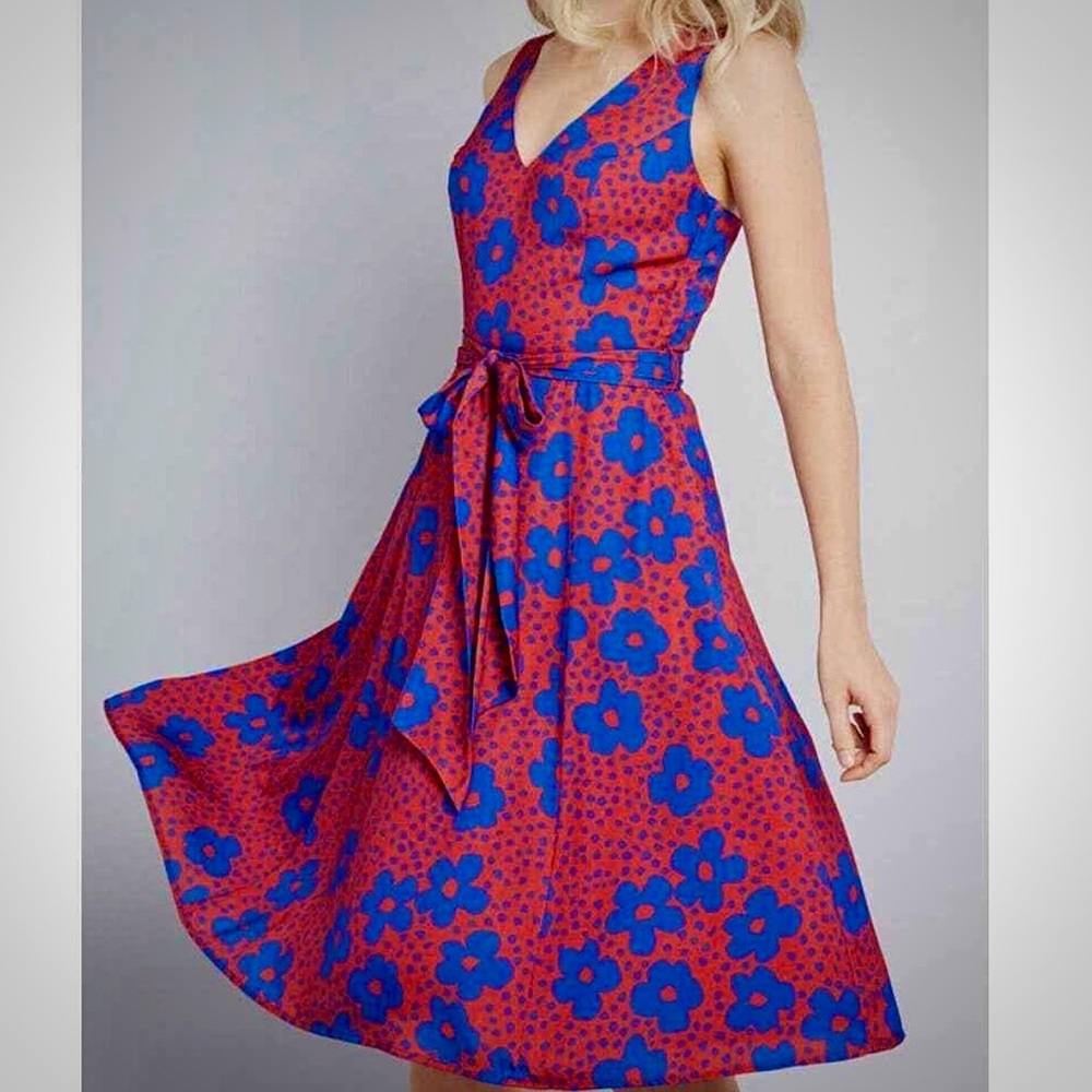 ModCloth Timeless Magnetism A-Line Floral Red & Blue Swing Dress w/Pockets